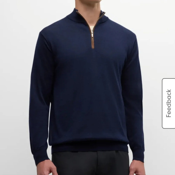 Peter Millar Merino Wool Silk 1/4 Zip Sweater Navy Blue Size XL Leather Trim Zip - Picture 1 of 6